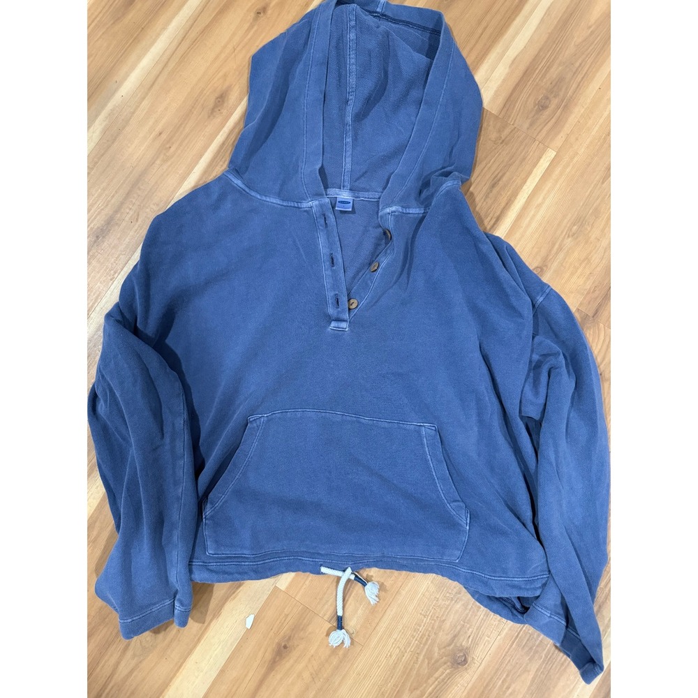 Old Navy‎ Womens Blue Henley Hoodie Cropped Drawstring Pullover Sweatshirt Large